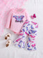 2 Pcs Baby's Cartoon Butterfly Print Ruffled Bodysuit & Trendy Bell-bottom Pants, Toddler & Infant Girl's Outdoor Clothing Set For Spring BS6101A